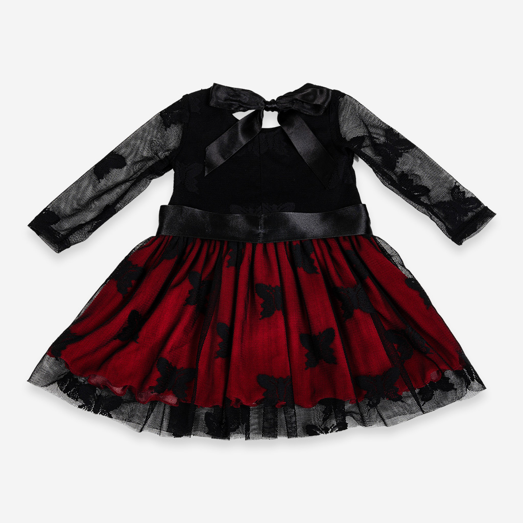 Stil: Kelebek Jakarlı Dantel Elbise | Renk: Siyah ve Kırmızı | Malzeme: Dantel% 100 Poliester Kadife% 80 Pamuk% 20 Poliester