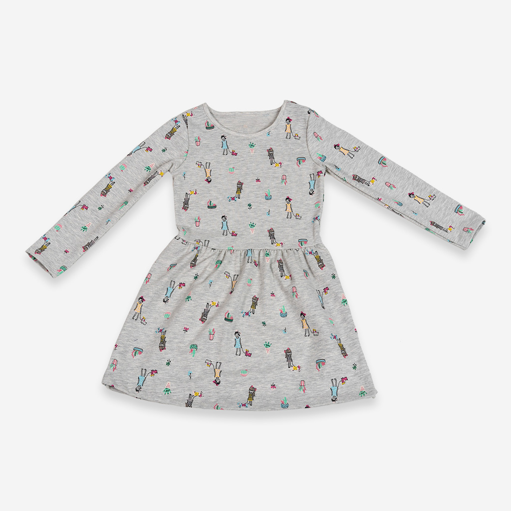 Tarzı: Çocuk ve Bitki Elbise | Renk: Gri Melanj üzerine baskı | Malzeme:% 100 Pamuk Melanj